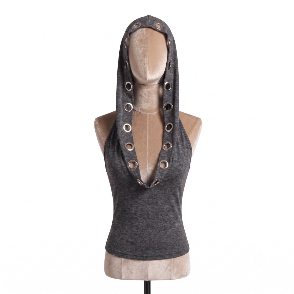 New Small Heather Gray Hooded Halter Top Silver Grommet Festival Goth Tank